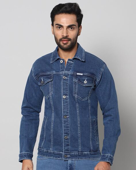 Grey jeans blue online denim jacket