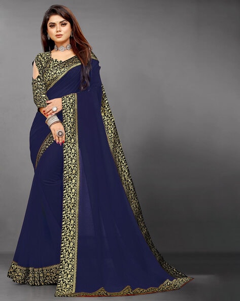 Stunning Navy-Blue Sequins Georgette Saree With Blouse(Un-Stitched)