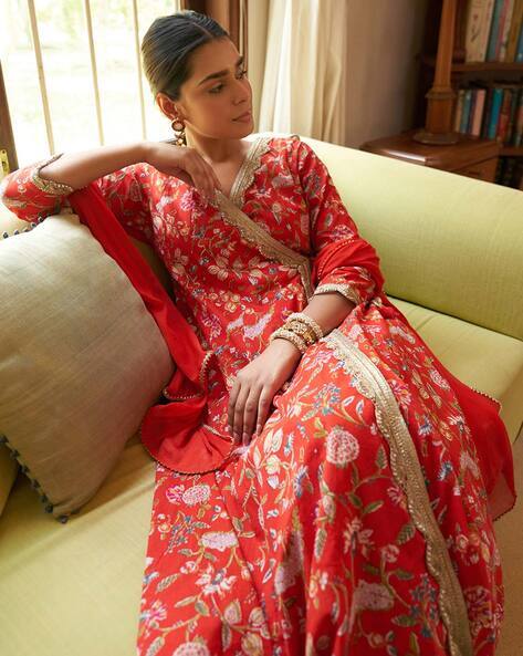 Floral Print Angrakha Kurta Set