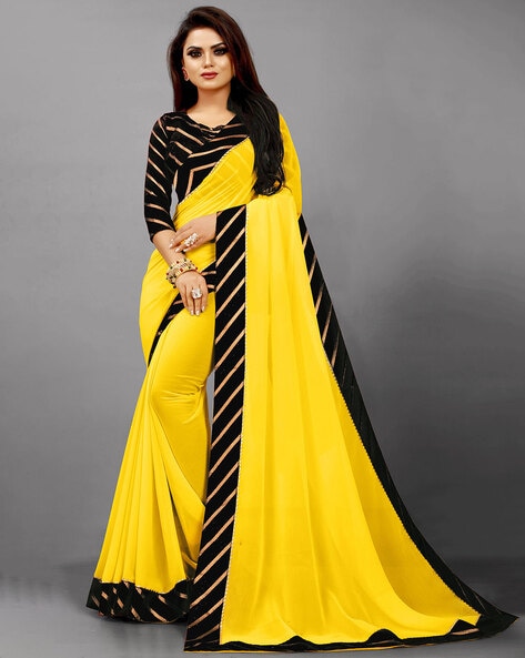 Yellow plain faux georgette saree with blouse - Sourbh Sarees - 3096553