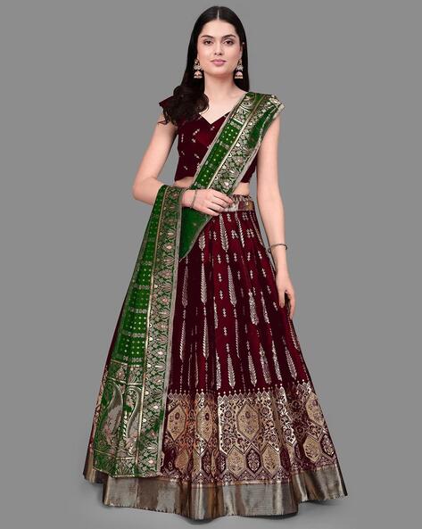 PURVAJA Maroon & Green Ready to Wear Lehenga & Unstitched Blouse With  Dupatta Price in India, Full Specifications & Offers | DTashion.com