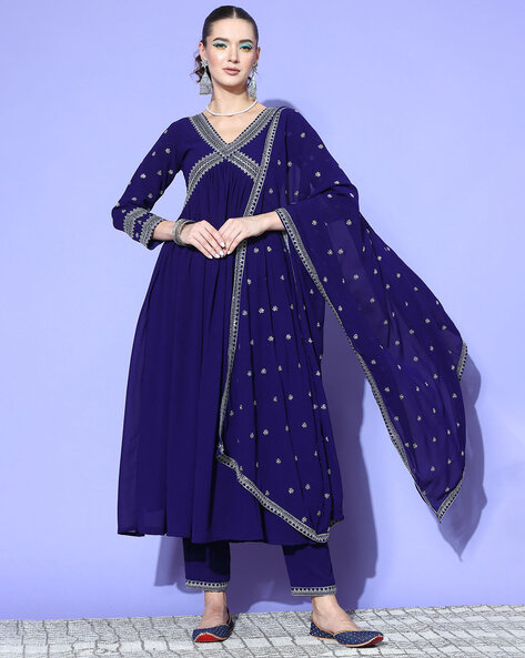 Embellished & Embroidered A-Line Kurta Set with Dupatta