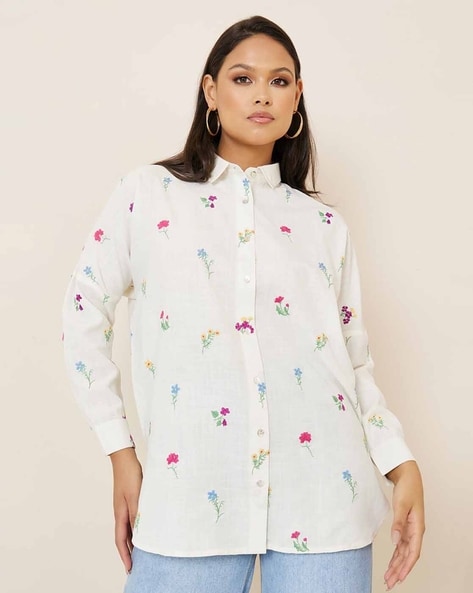 Women All Over Embroidered Linen Look Longline Shirt