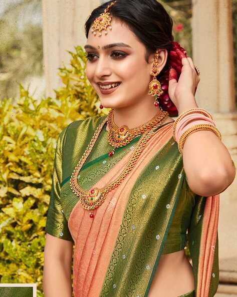 Gray & Green Kanjivaram Saree - Urban Womania