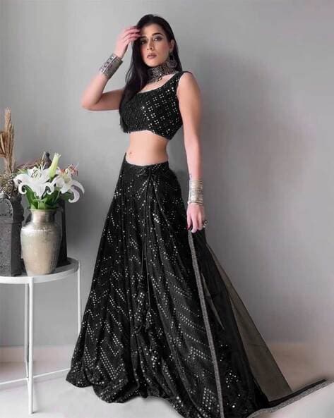 Buy Black Lehenga And Halter Neck Crop Top With Resham Jaal, Multi Colored  Beads Work And Floral Printed Frill KALKI Fashion India