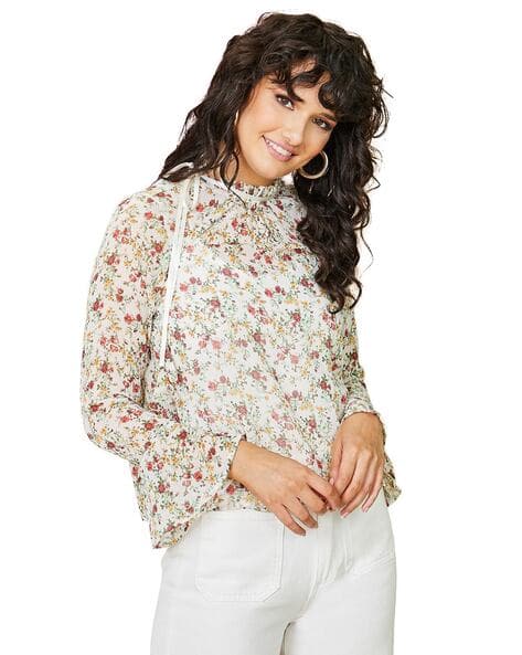 Women Frill Sleeve High-Neck Ditsy Print Blouse
