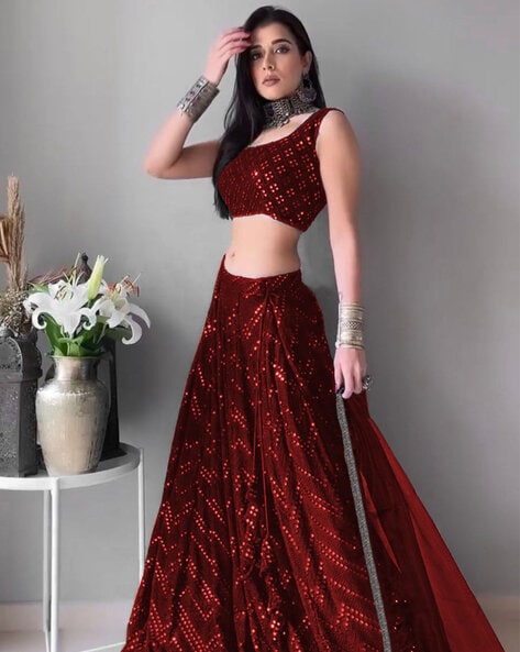 Buy Juniper Maroon Embroidered Lehenga And Choli With Dupatta (Set of 3)  online