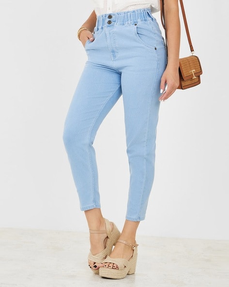 Women Elastic Waistband Cropped Jeans