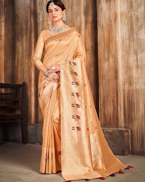 Buy online Women Peach Self Design Kanjivaram Saree With Blouse from ethnic  wear for Women by Mimosa for ₹2299 at 64% off | 2024 Limeroad.com