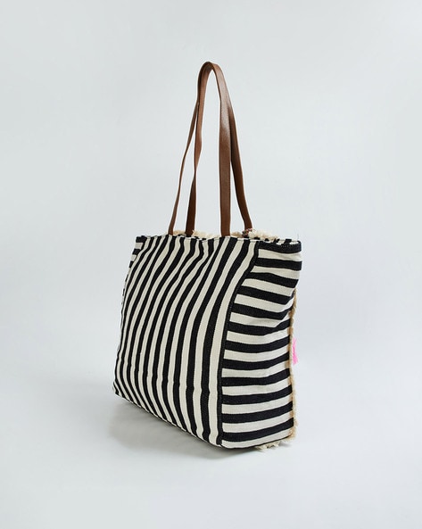 Striped Canvas Tote Bag - Black