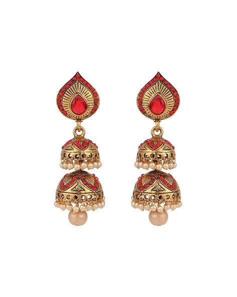 Abhika Creation's Golden Double Jhumka With Golden Dangling Pearls Hand  Crafted Hoop Earrings - Art Jewelry Women Accessories | World Art Community