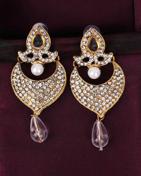 Buy Yellow Chimes Silver Oxidised White Stone Studded Chand Bali Earrings  for Women Online