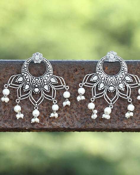Oxidised Stone-Studded Pearl Drop Earrings