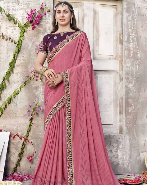 Off White And Pink Designer Silk Saree With Embroidered Blouse | Kolour