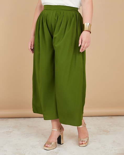 Polyester Blend Solid Women's Trousers Green Pants (38