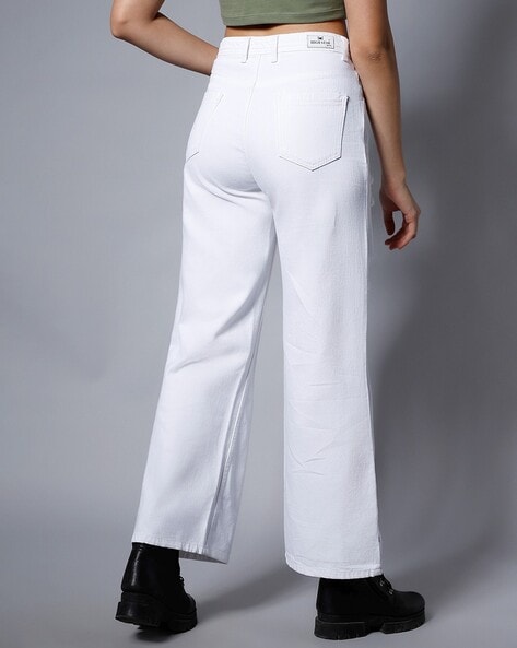 Buy White High Rise Distressed White Flare Jeans with Raw Hem Online
