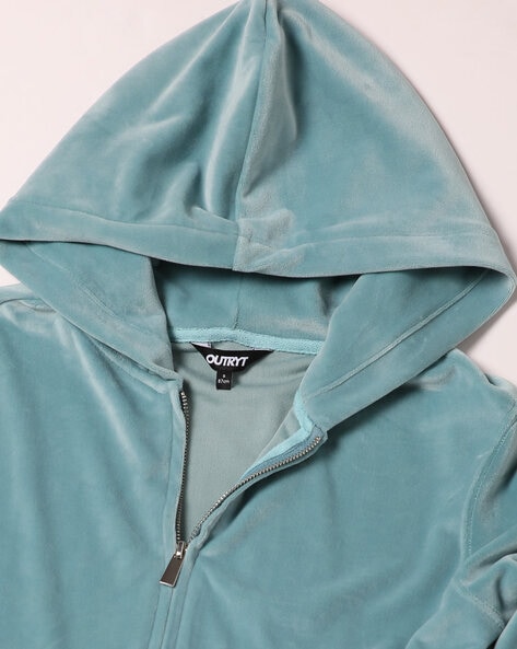 Hooded Velour Crop Jacket - Light blue - Ladies