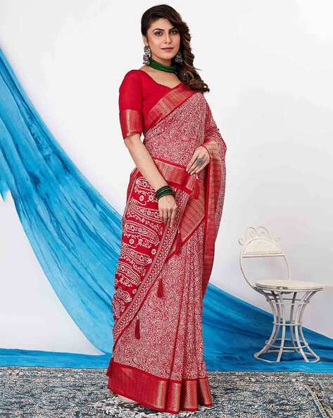 Buy CHARUKRITI Red Handwoven Pure Cotton Tant Saree With Blue Border  Without Blouse online