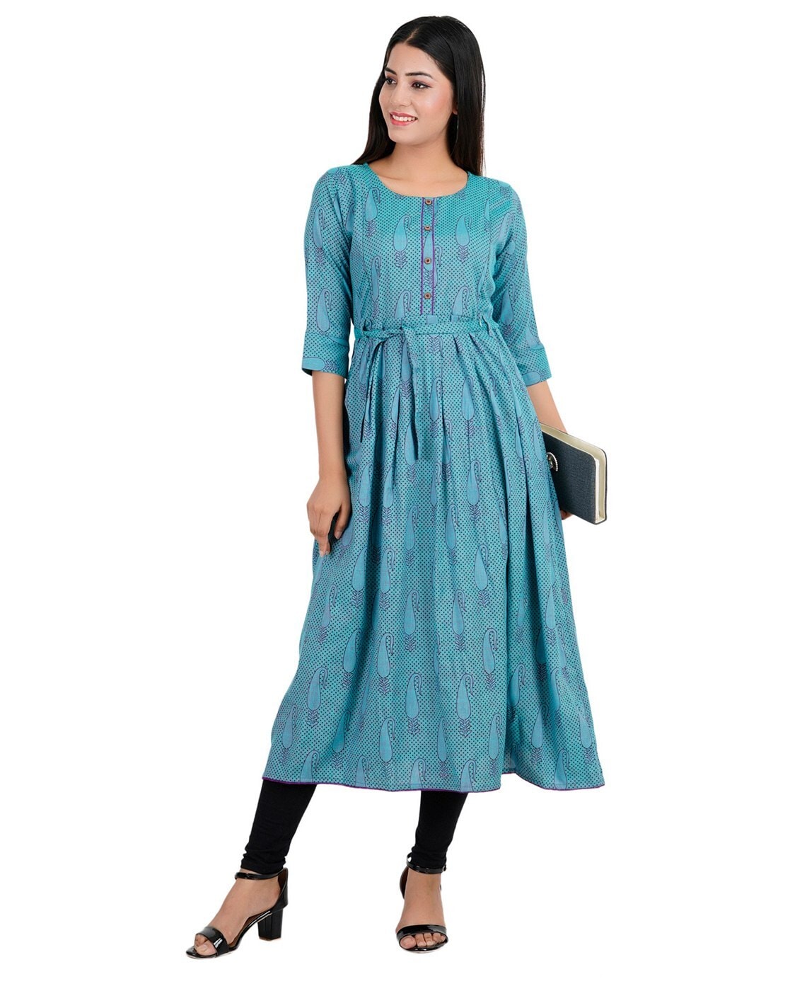 Georgette Maternity/Feeding kurti with attached Over Coat – Navy blue  Printed – Dreamefy