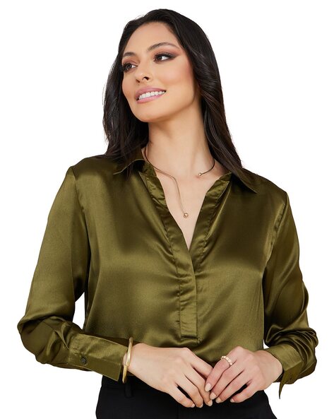 Green satin shirt womens best sale