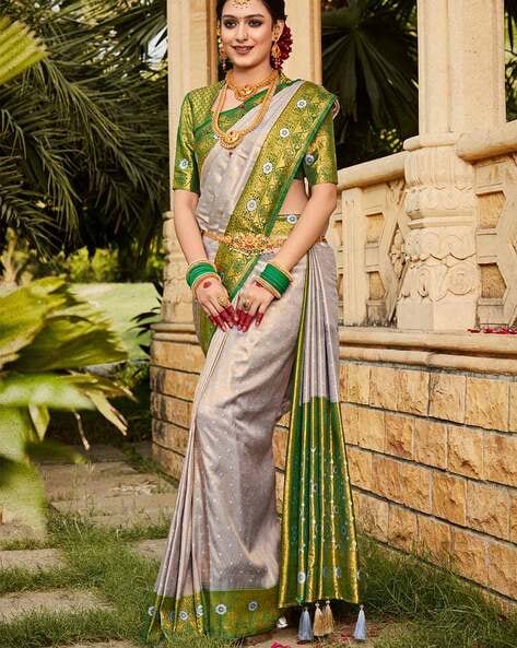 Buy Green And Grey Banarasi Saree online-Karagiri