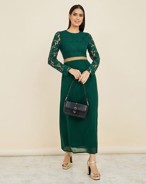 Women Lace Insert A-Line Midi Dress with Waist Tie-Up - Main Image