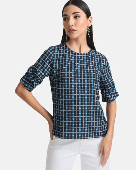 Kazo Checked Slim Fit Round-Neck Top