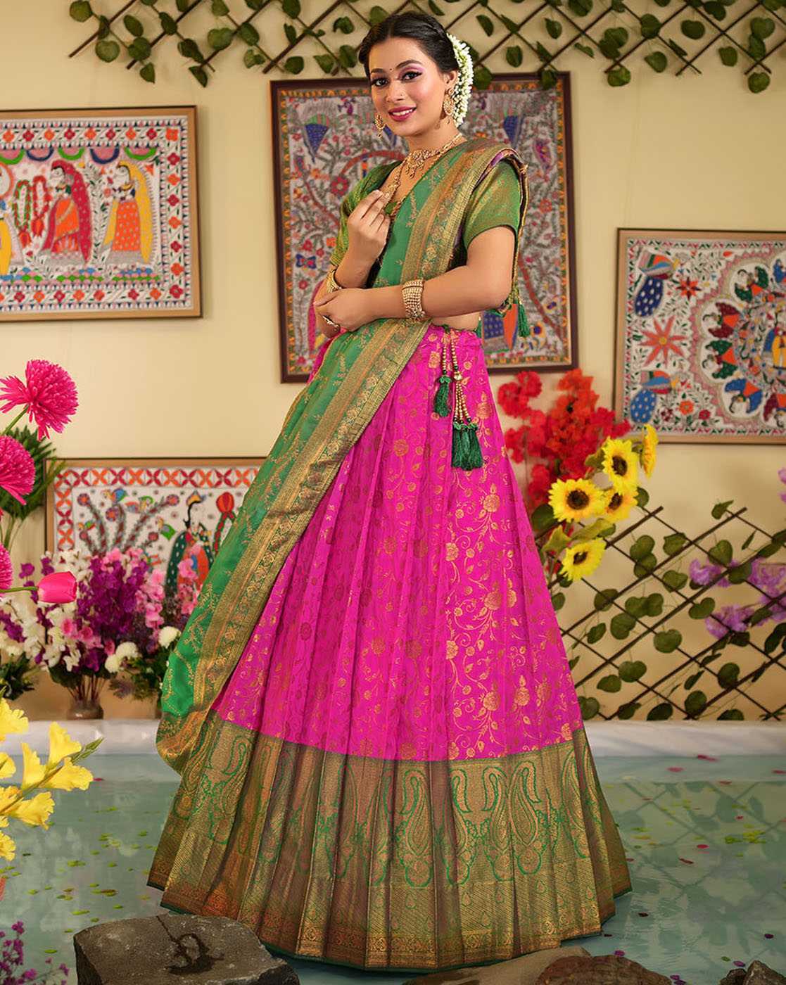 Fabulous Pink Green Patola Printed Silk Garba Wear Lehenga Choli - Zeel  Clothing - Medium