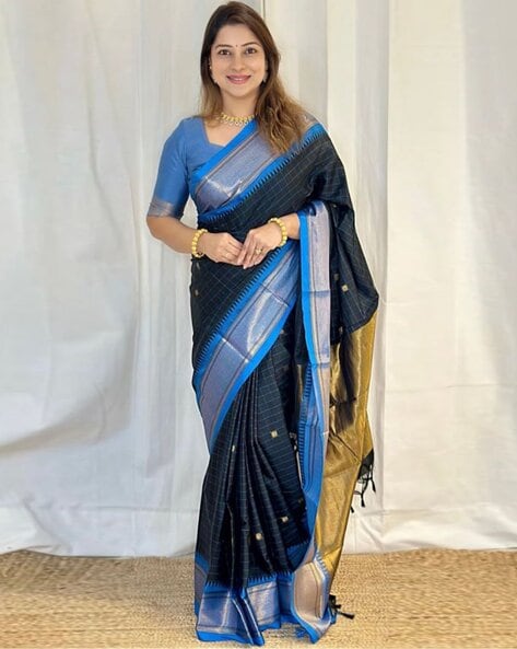 Tissue Cotton Blue Black Sambalpuri Saree