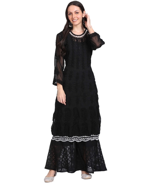 Black Chikankari Suit on fine georgette with Mukaish /Free Shipping in US