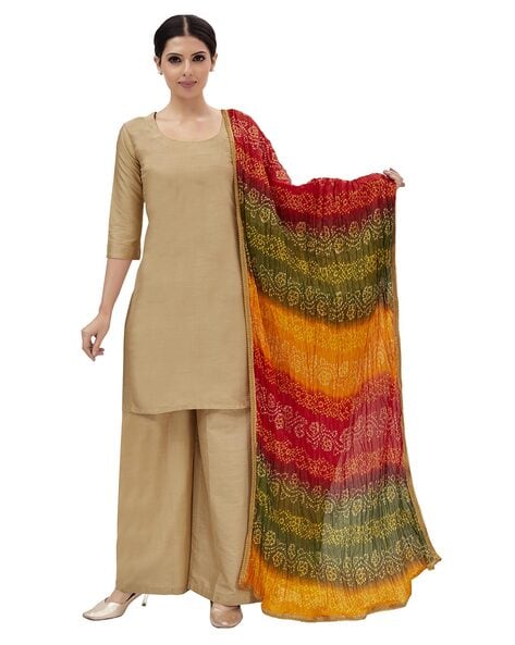 Bandhani Print Dupatta with Contrast Lace Border Price in India