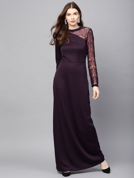 Buy KAZO Beige Solid Lurex Georgette Maxi Dress online