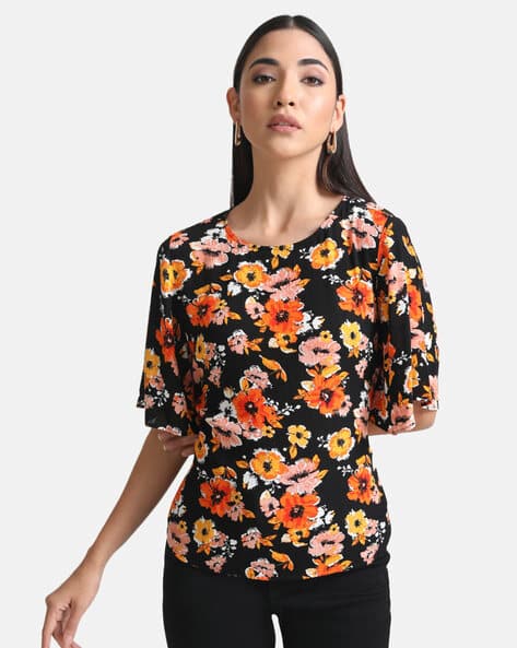 Kazo Floral Print Boat-Neck Slim-fit Top