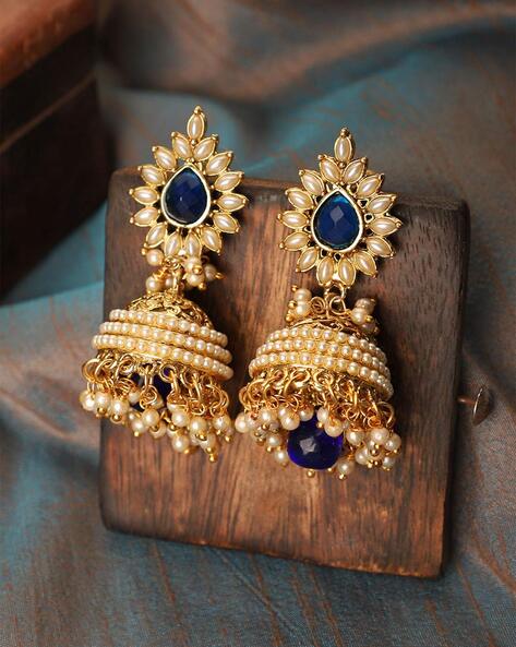 Faint gold finish Earring/jhumka/Dangler with Navy Blue Color Drops 11 –  Griiham