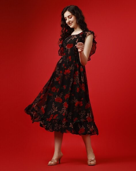 Black Embroidered Wrap Dress | One piece dress design, Knee length dresses  casual, One piece dress knee length