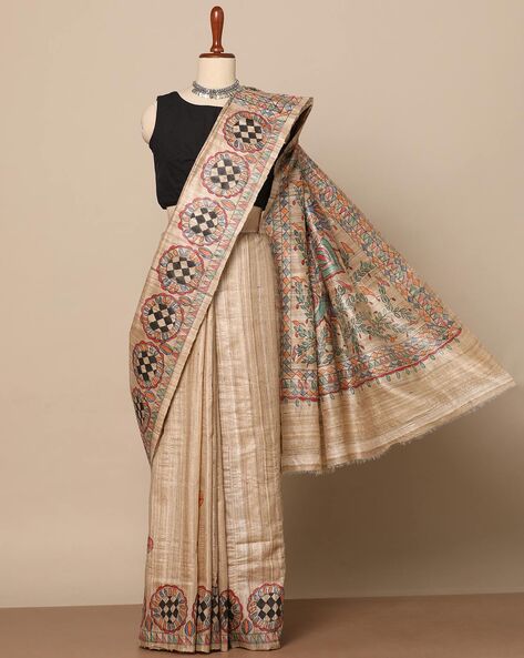 Madhubani hand painted saree Fabric -pure tussar silk | Aahanaa Heritage