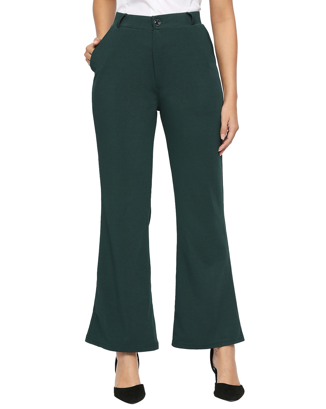 Women Green Korean Style Flare Trouser