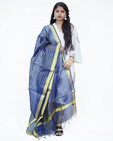 Checked Dupatta with Contrast Border & Tassels Price in India