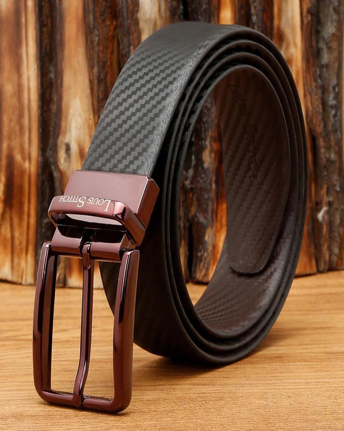 Men Textured Genuine Leather Wide Reversible Belt