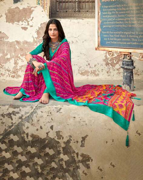 Buy Rani Pink Zari Weaved Viscose Festive Wear Saree With Blouse From  Ethnic Plus