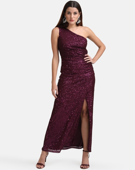 Buy KAZO Purple Structured V Neck Spandex Women's Maxi Dress