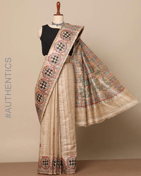 Beige Hand Painted Madhubani Tussar silk saree