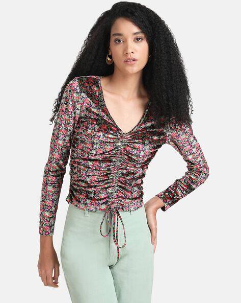 Kazo Floral Print Fitted Ruched Top