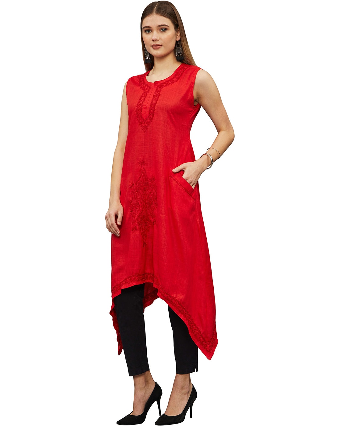 Women's Indian Sleeveless Gold Print Red Kurta