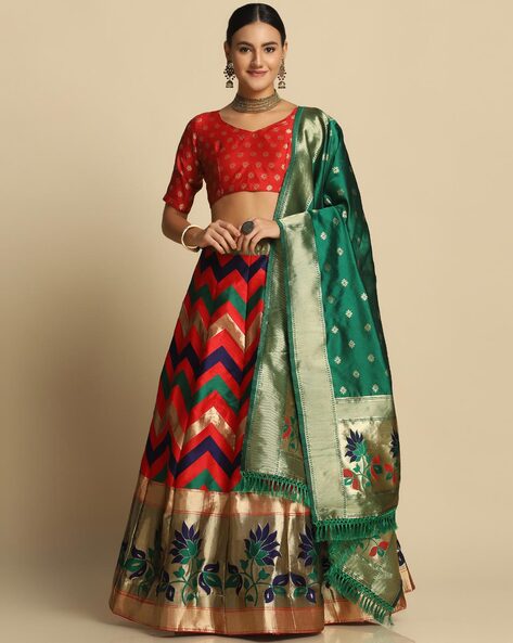 Red Green Half Saree Lehenga - Khwaissh