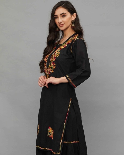 Black Simar Straight Chikankari Kurti Lucknow Chikankari Kurta