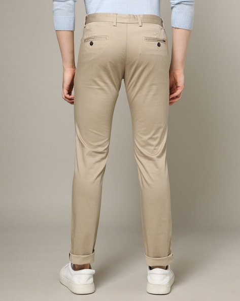 Buy Men Khaki Slim Fit Solid Flat Front Casual Trousers Online