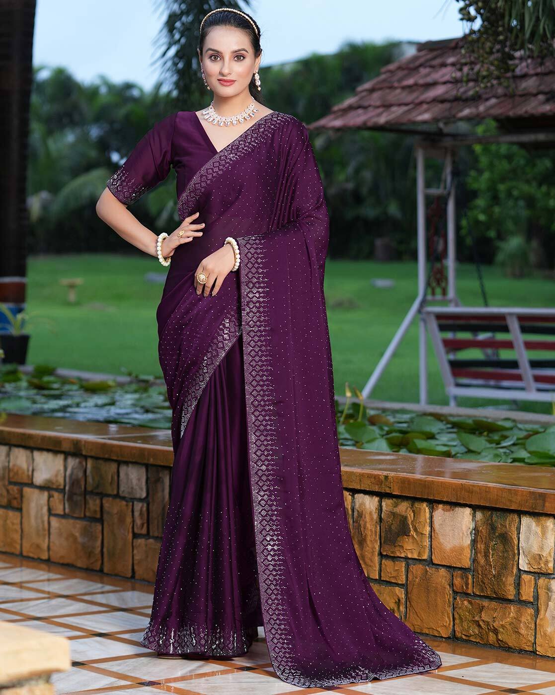 Buy Very Dark Purple Zari Woven Crepe Saree Online | Samyakk