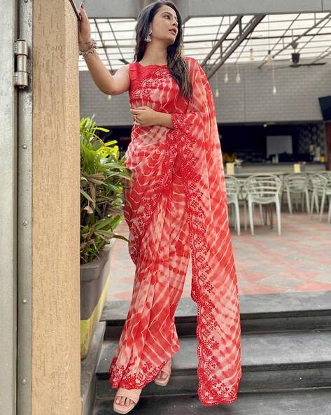 Red Georgette Floral Print Saree 246950