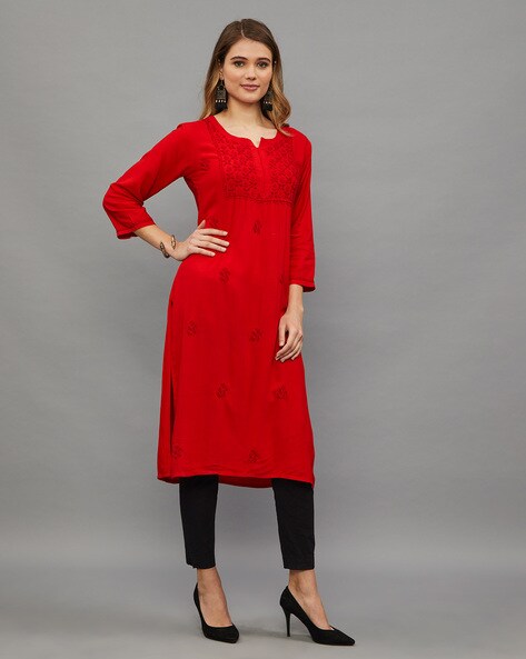 Hand Embroidered Red Lucknowi Chikankari Kurta – Prisachi Official